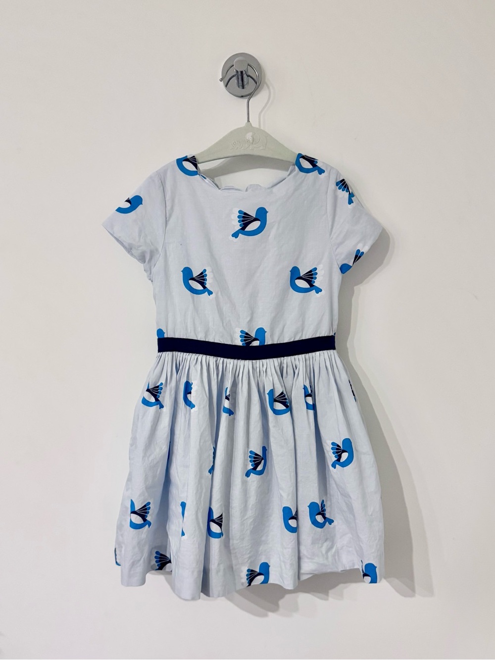 Jacadi Dress with Blue Bird Print and Navy Waistband